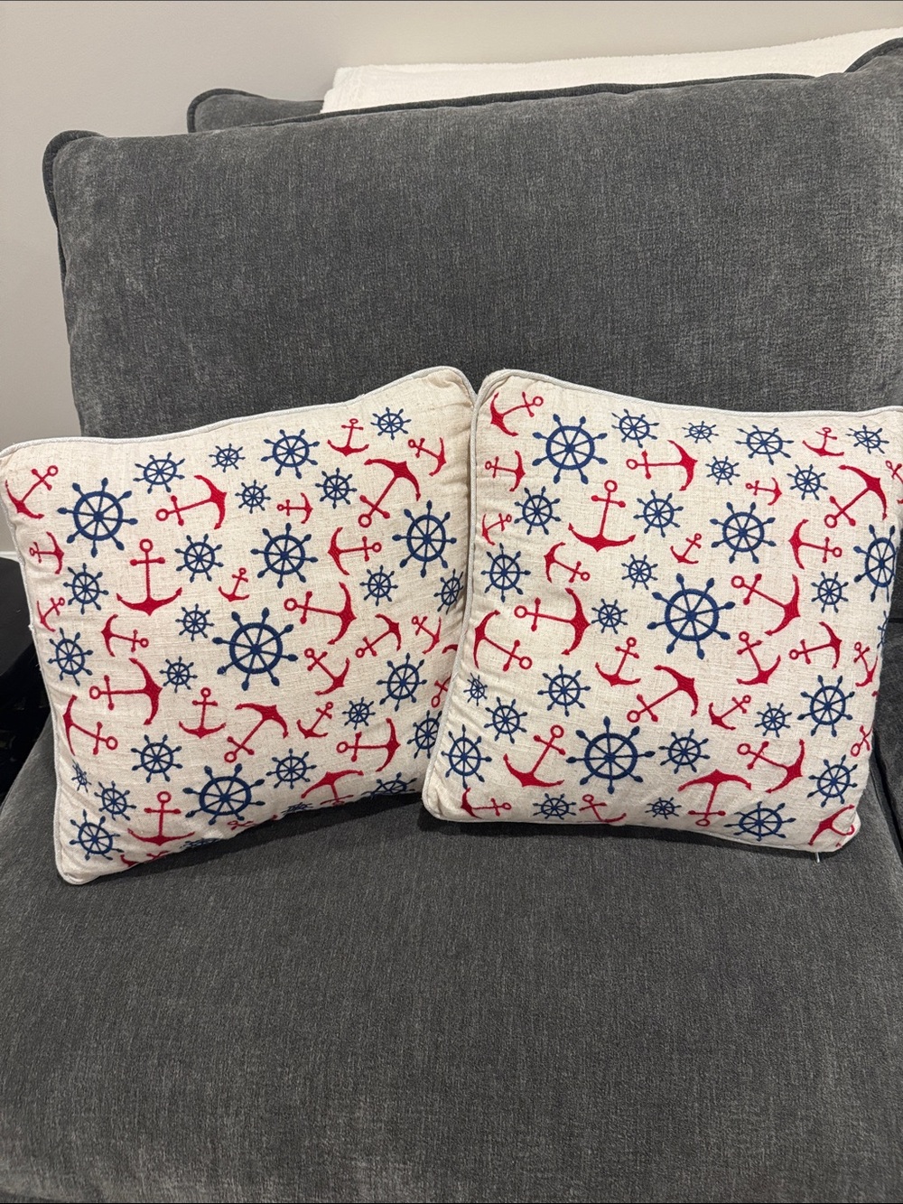 Nautical Anchor & Wheel Decorative Throw Pillow Set - Cream, Red & Blue